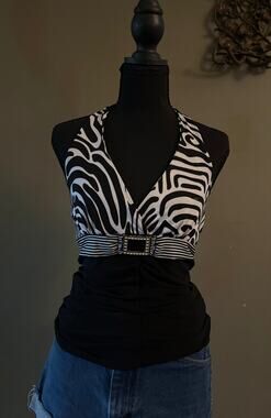 Vintage Y2K Twin Black White Abstract Print Rhinestone Buckle Halter Top